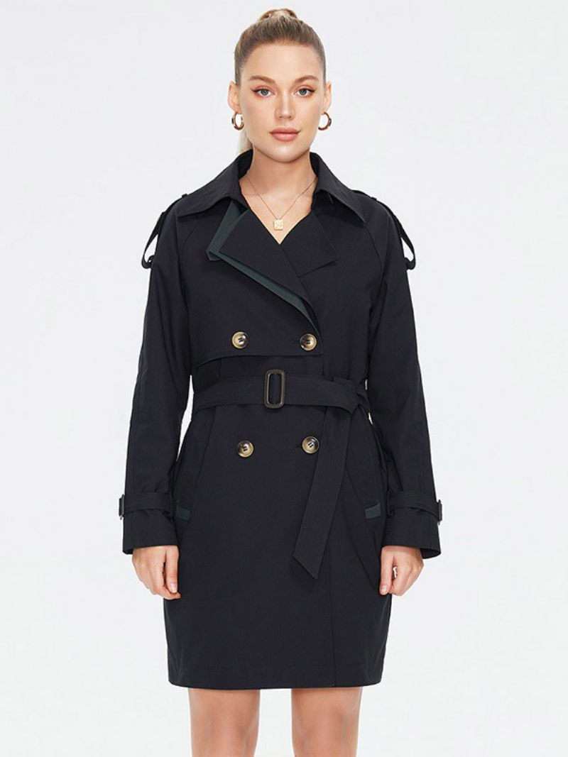 Trench-coat Pour Femmes Boutons À Revers Ceinturé Vêtements D'extérieur Coupe-vent - Noir