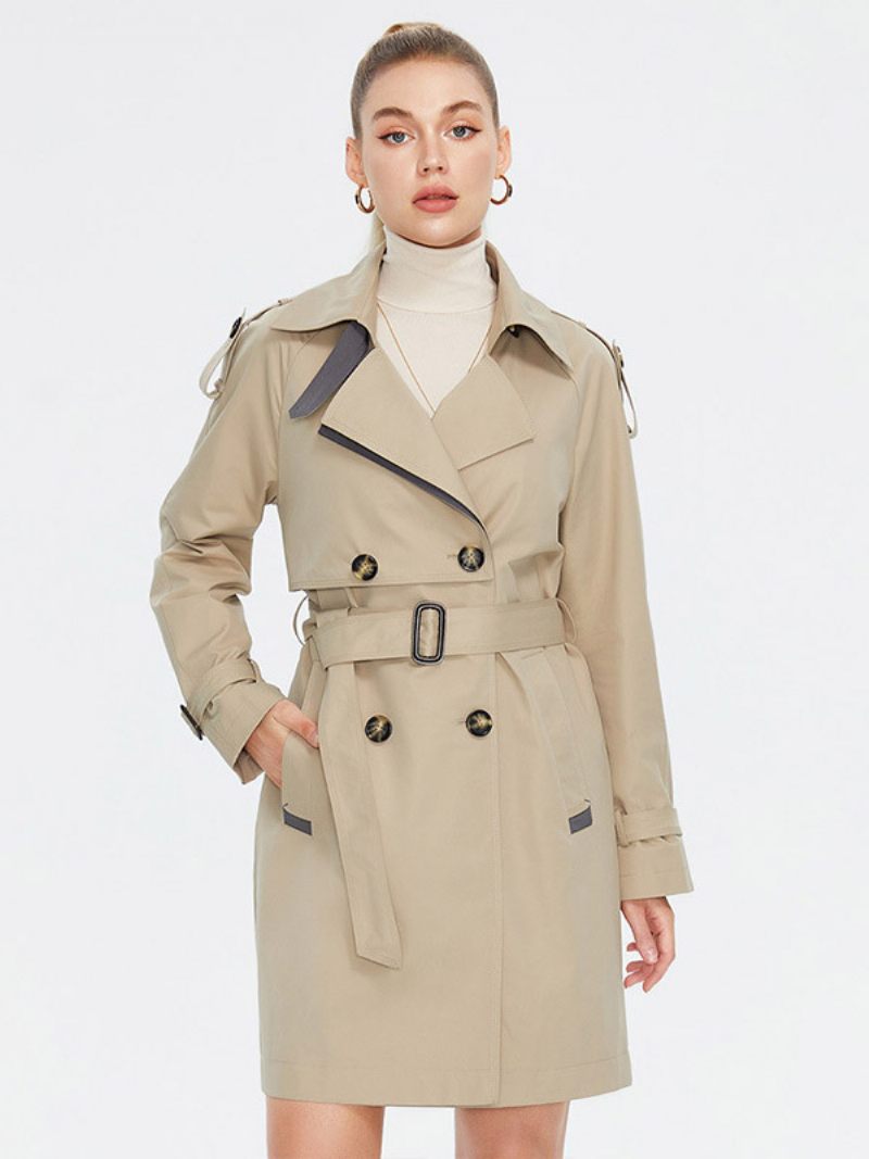 Trench-coat Pour Femmes Boutons À Revers Ceinturé Vêtements D'extérieur Coupe-vent - Kaki