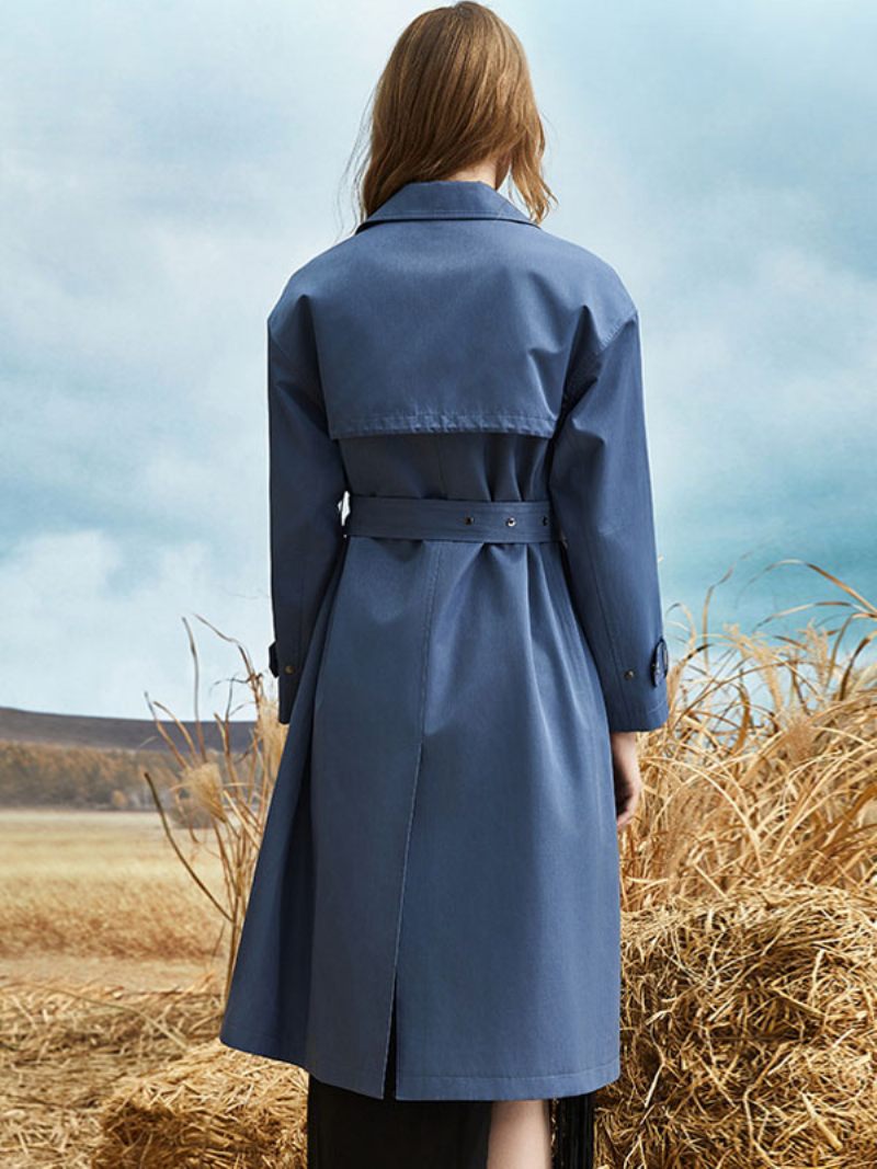 Trench-coat Pour Femmes Col Rabattu Ceinture Manches Longues Vêtements D'extérieur D'automne Et Printemps - Bleu