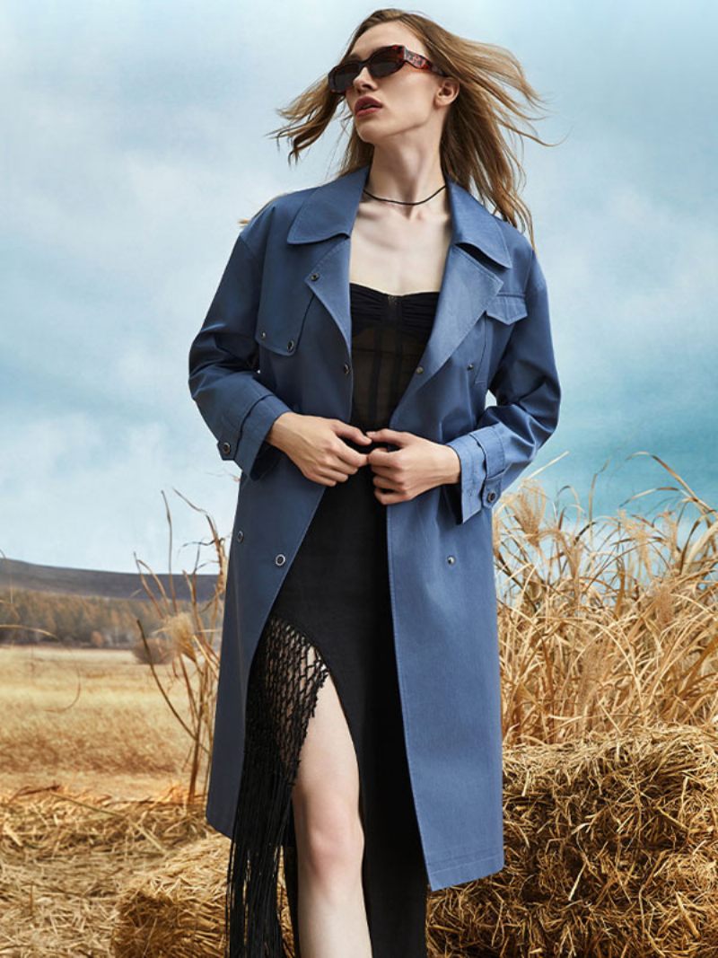 Trench-coat Pour Femmes Col Rabattu Ceinture Manches Longues Vêtements D'extérieur D'automne Et Printemps - Bleu