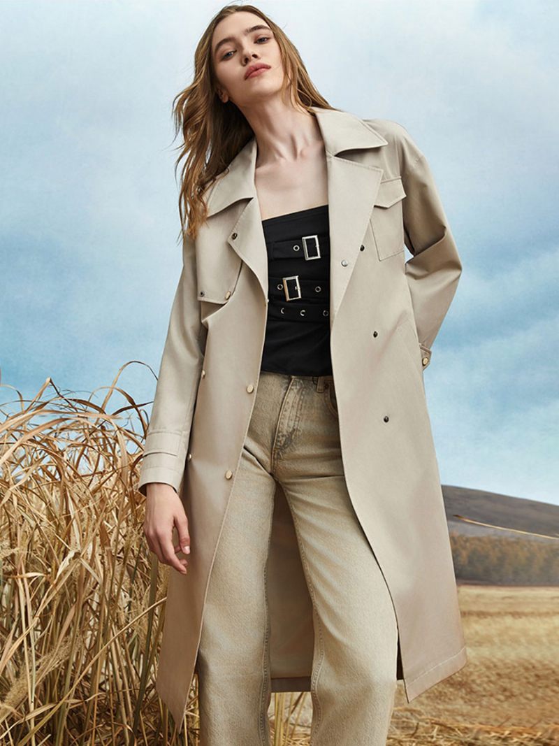 Trench-coat Pour Femmes Col Rabattu Ceinture Manches Longues Vêtements D'extérieur D'automne Et Printemps - Beige