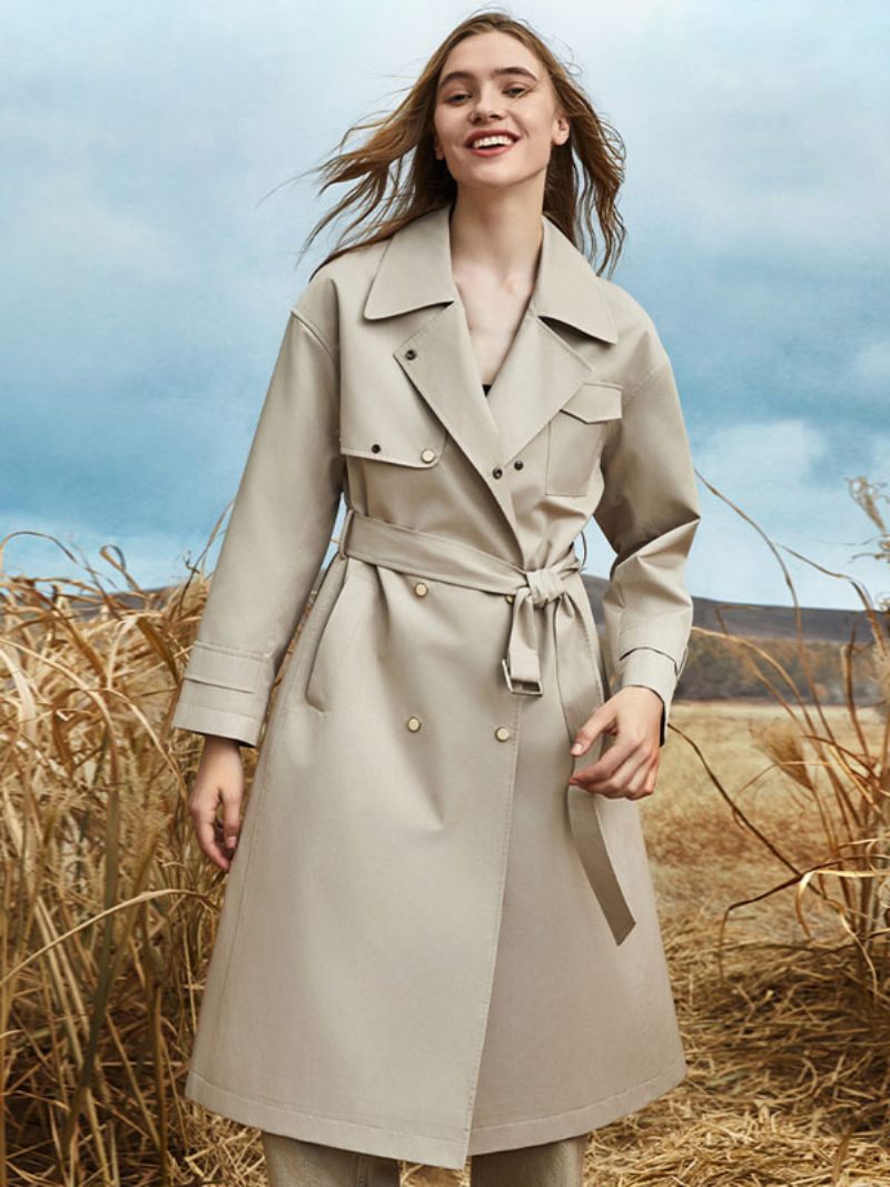 Trench-coat Pour Femmes Col Rabattu Ceinture Manches Longues Vêtements D'extérieur D'automne Et Printemps - Beige