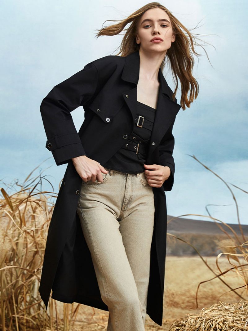 Trench-coat Pour Femmes Col Rabattu Ceinture Manches Longues Vêtements D'extérieur D'automne Et Printemps - Noir