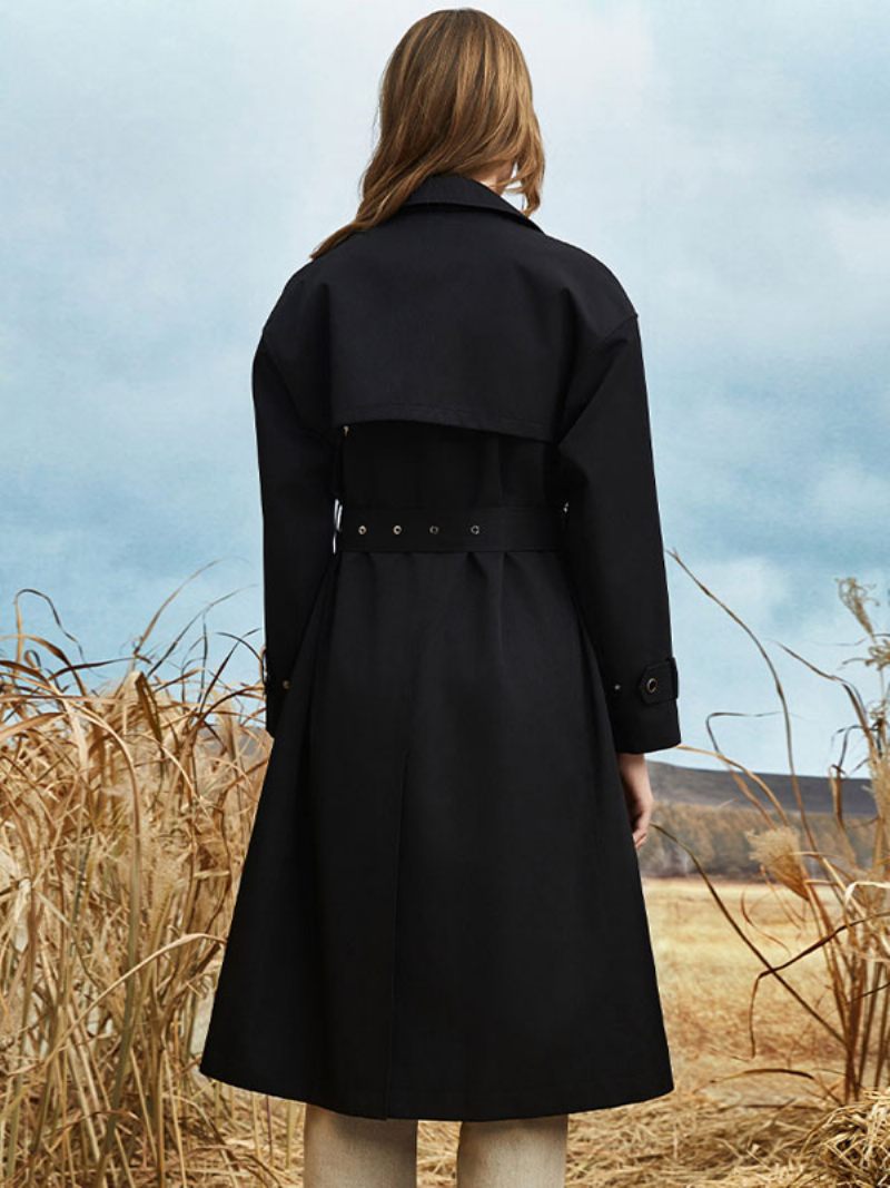 Trench-coat Pour Femmes Col Rabattu Ceinture Manches Longues Vêtements D'extérieur D'automne Et Printemps - Noir