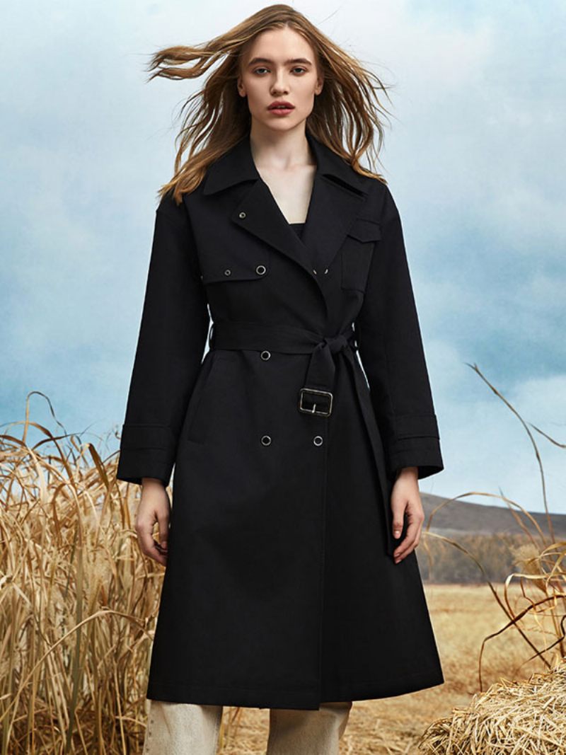 Trench-coat Pour Femmes Col Rabattu Ceinture Manches Longues Vêtements D'extérieur D'automne Et Printemps - Noir