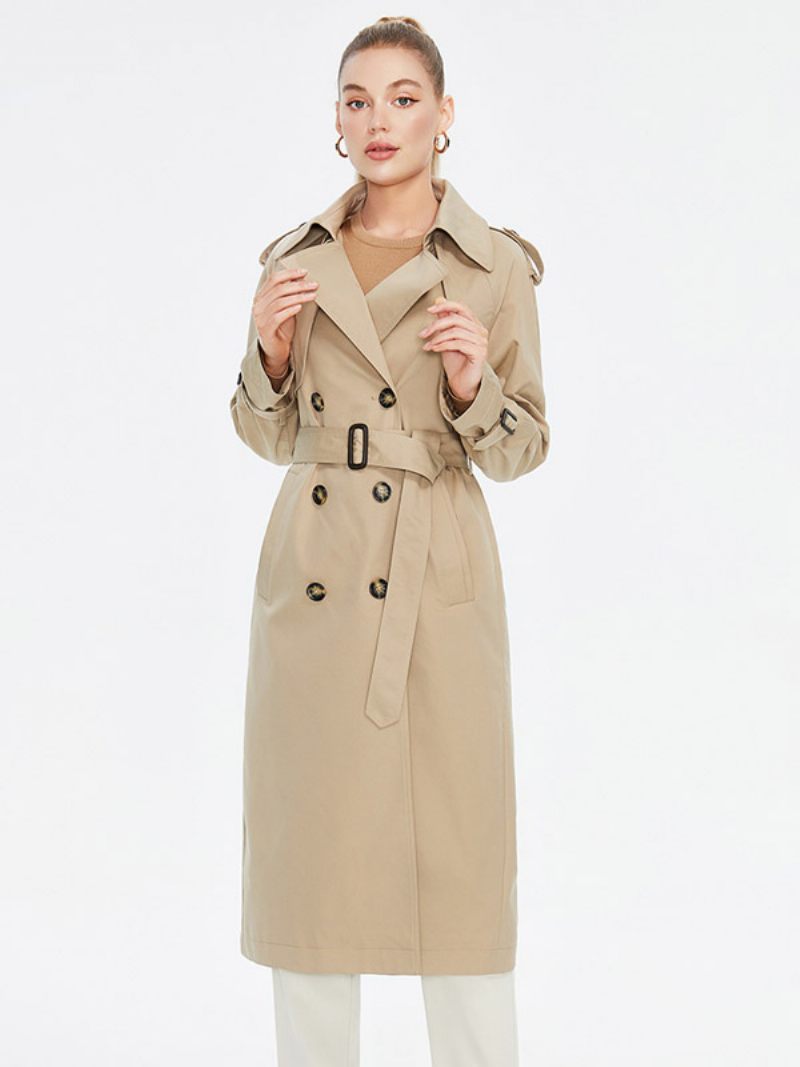 Trench-coat Pour Femmes Col Rabattu Double Boutonnage Vêtements D'extérieur Ceinturés - Kaki