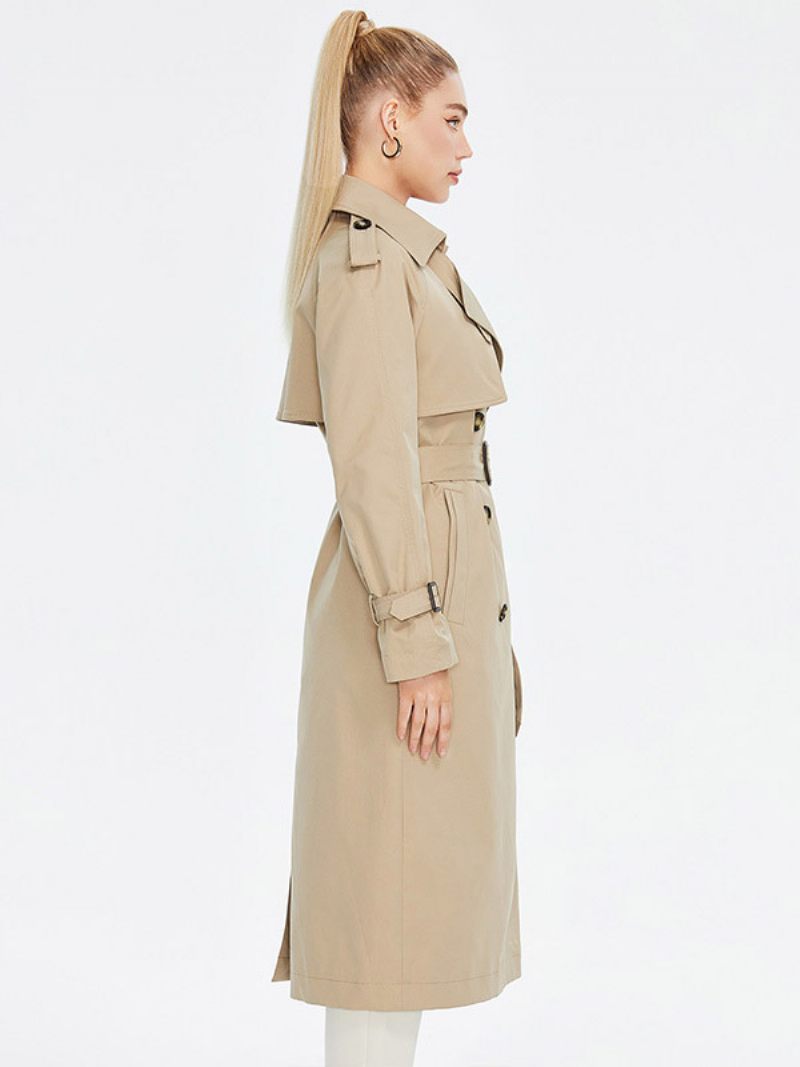 Trench-coat Pour Femmes Col Rabattu Double Boutonnage Vêtements D'extérieur Ceinturés - Kaki