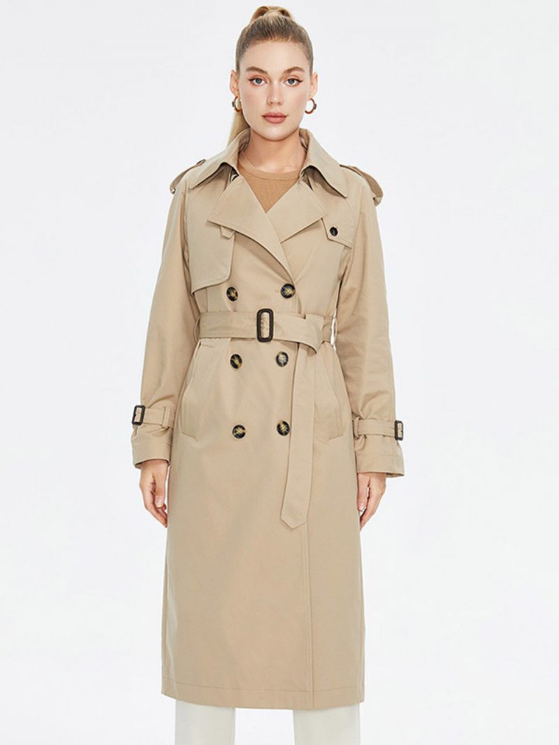 Trench-coat Pour Femmes Col Rabattu Double Boutonnage Vêtements D'extérieur Ceinturés - Kaki