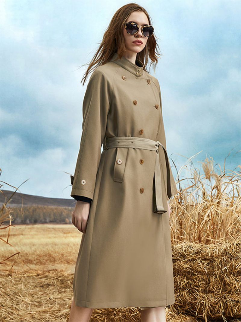 Trench-coat Pour Femmes Col Rabattu Manches Longues Boutons Ceinture Vêtements D'extérieur - Brun Foncé