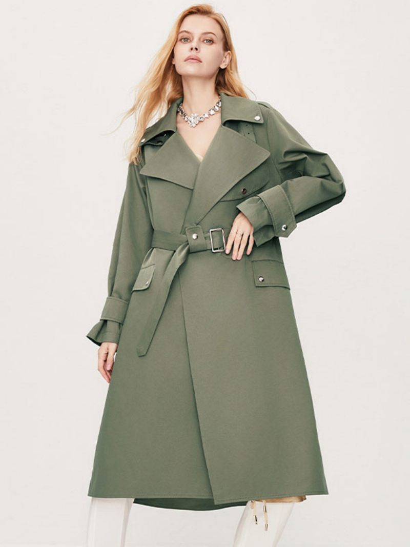 Trench-coat Pour Femmes Col Rabattu Manches Longues Boutons Vêtements D'extérieur D'automne - Vert Chasseur