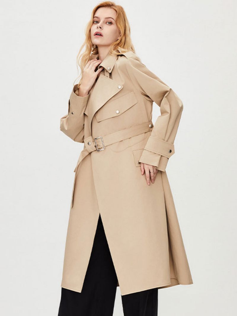 Trench-coat Pour Femmes Col Rabattu Manches Longues Boutons Vêtements D'extérieur D'automne - Kaki