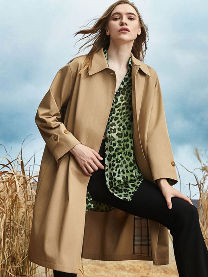 Trench-coat Pour Femmes Col Rabattu Manches Longues Couleur Unie Vêtements D'extérieur - Chameau