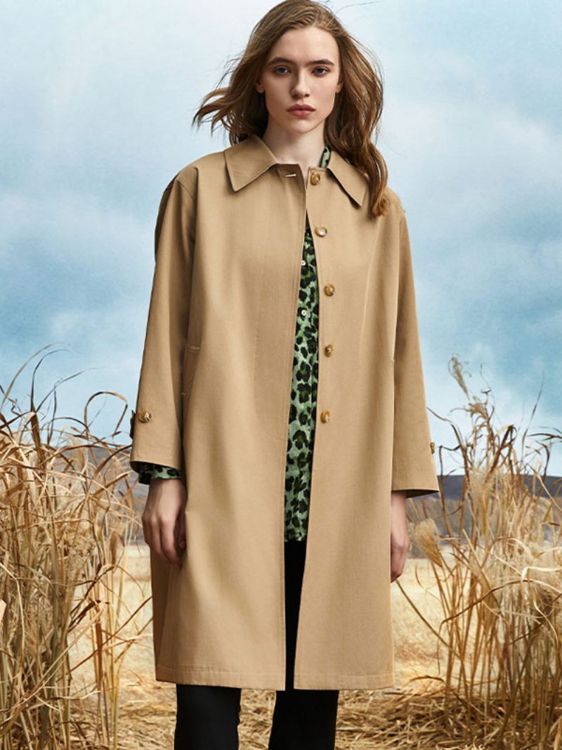 Trench-coat Pour Femmes Col Rabattu Manches Longues Couleur Unie Vêtements D'extérieur - Chameau