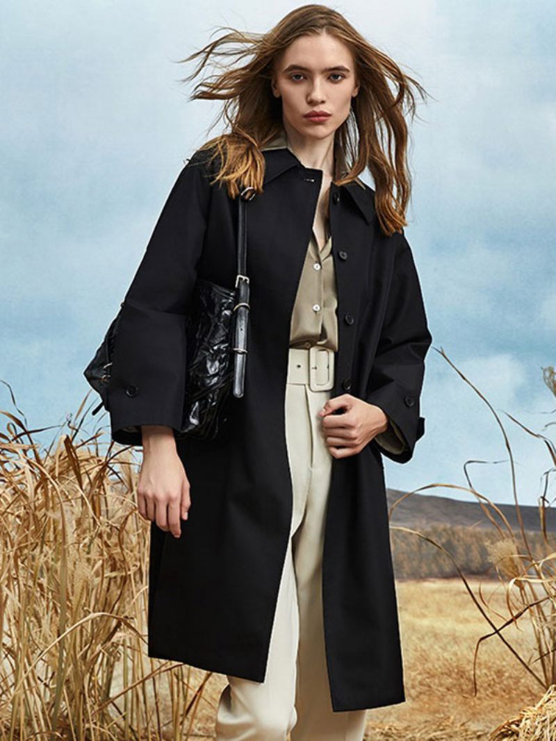 Trench-coat Pour Femmes Col Rabattu Manches Longues Couleur Unie Vêtements D'extérieur - Noir