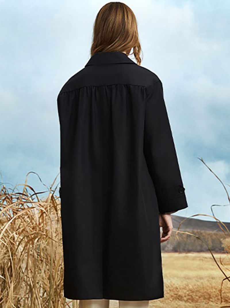 Trench-coat Pour Femmes Col Rabattu Manches Longues Couleur Unie Vêtements D'extérieur - Noir