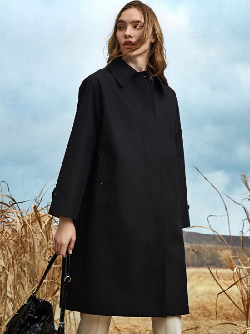 Trench-coat Pour Femmes Col Rabattu Manches Longues Couleur Unie Vêtements D'extérieur - Noir