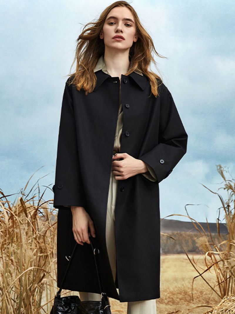 Trench-coat Pour Femmes Col Rabattu Manches Longues Couleur Unie Vêtements D'extérieur - Noir