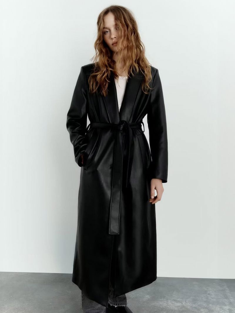 Trench Coat Pour Femmes Mode Cuir Pu Col Rabattu Ceinture Manches Longues