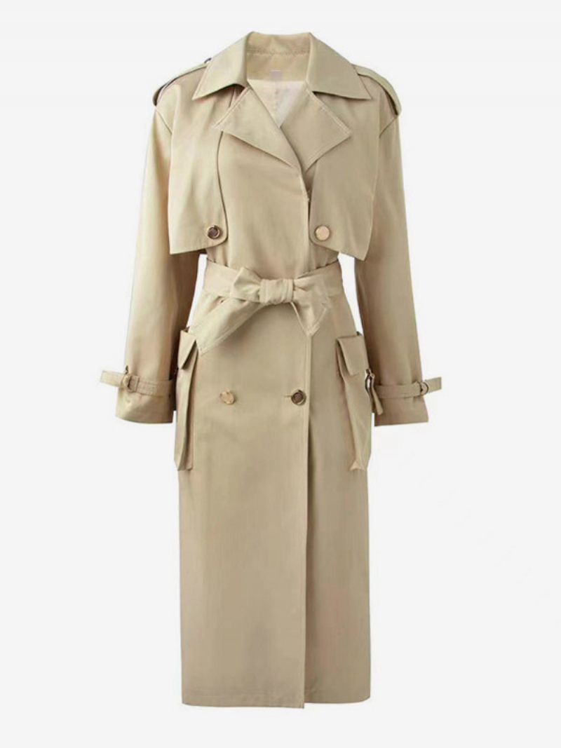 Trench-coat Pour Femmes Revers Cranté Ceinture Double Poitrine Vêtements D'extérieur Classiques - Kaki