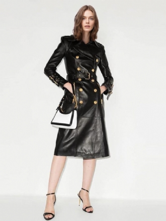 Trench-coat Pour Femmes Revers Cranté Double Poitrine Ceinture Vêtements D'extérieur Cuir Pu