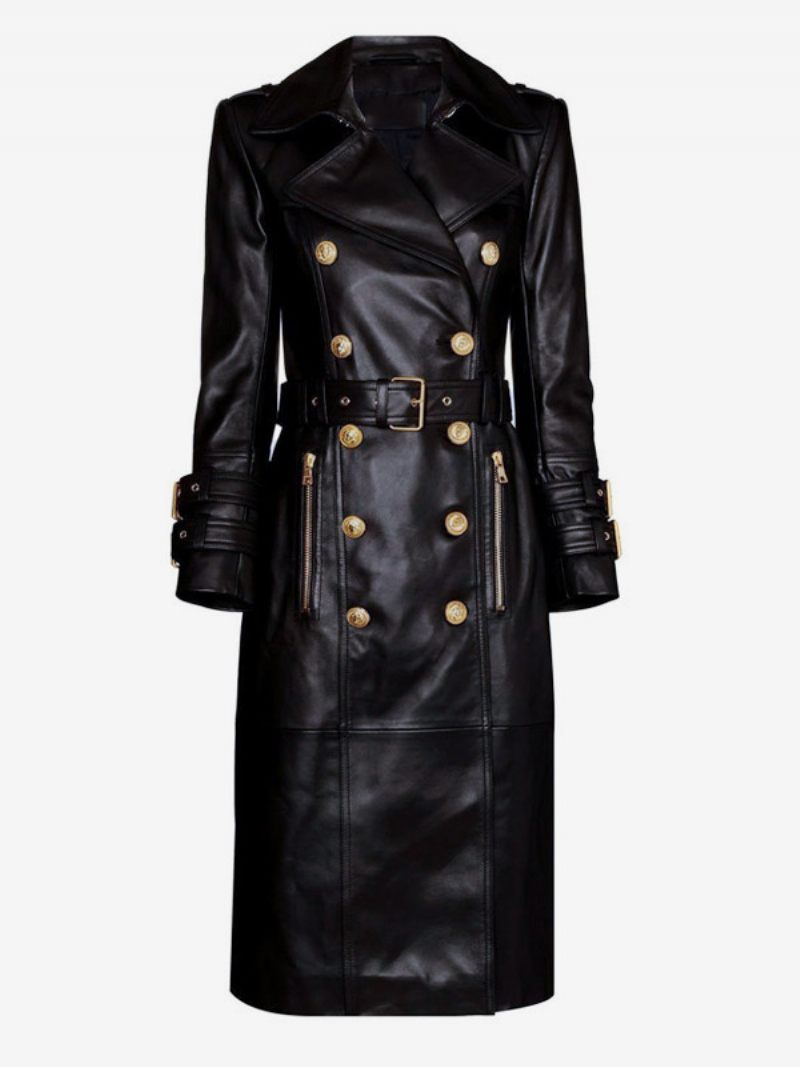 Trench-coat Pour Femmes Revers Cranté Double Poitrine Ceinture Vêtements D'extérieur Cuir Pu - Noir