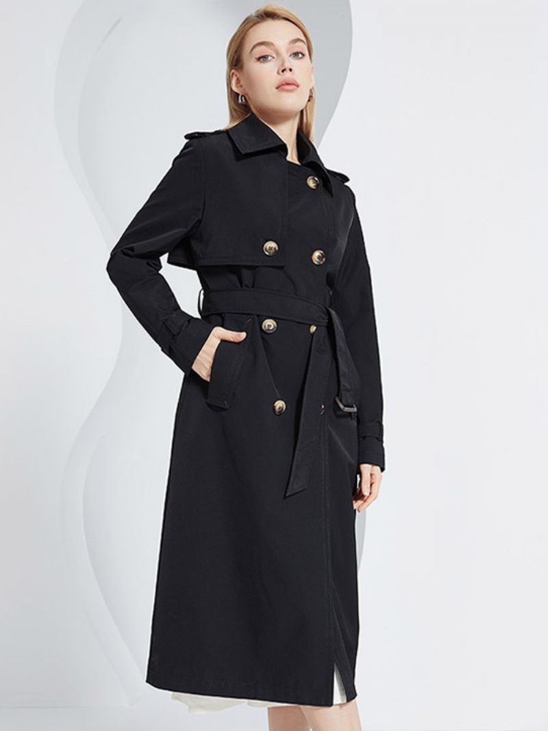 Trench-coat Pour Femmes Revers Double Boutonnage Chic Vêtements D'extérieur D'automne Et Printemps - Noir