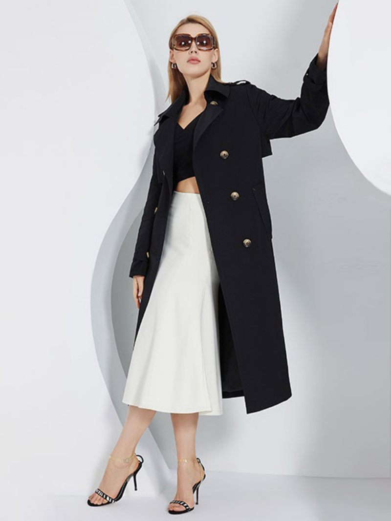 Trench-coat Pour Femmes Revers Double Boutonnage Chic Vêtements D'extérieur D'automne Et Printemps - Noir