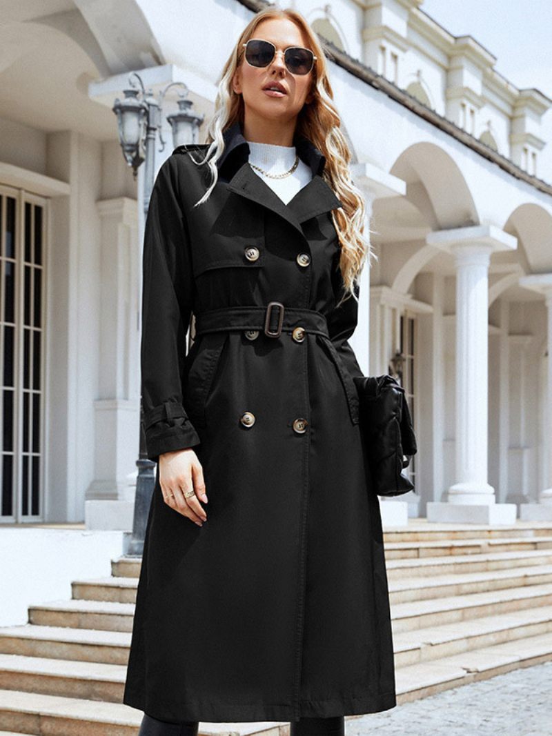 Trench-coat Pour Femmes Revers Double Boutonnage Chic Vêtements D'extérieur D'automne Et Printemps - Noir