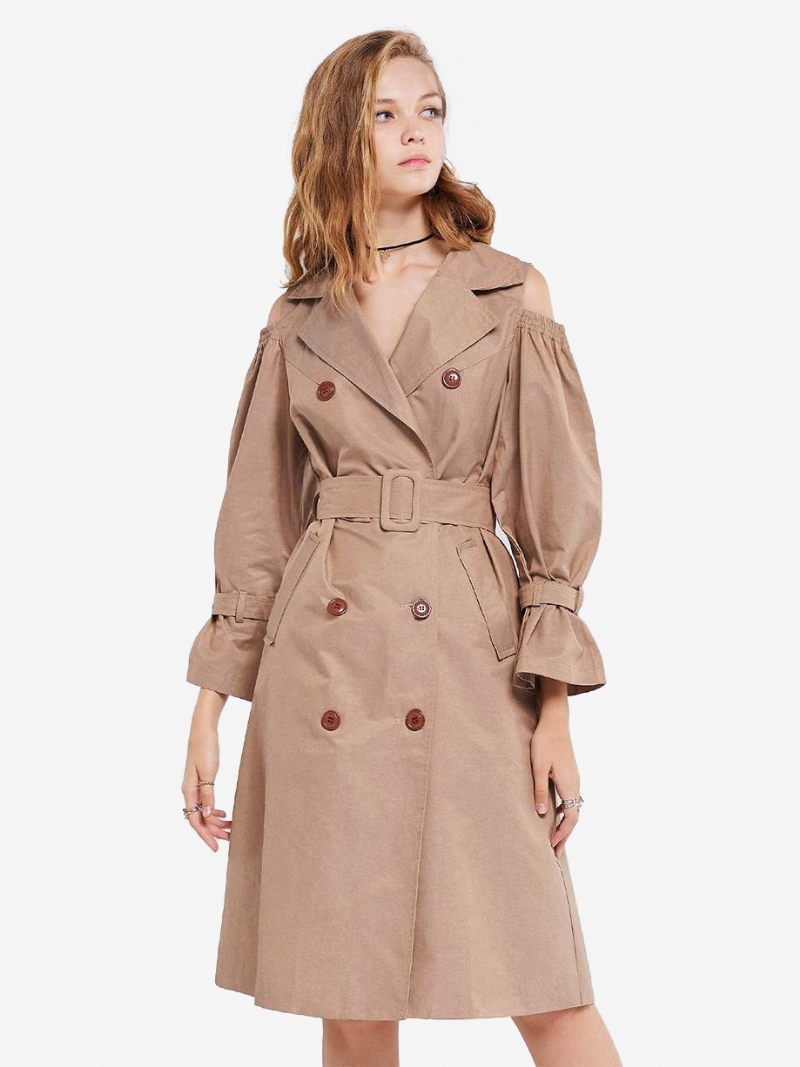 Trench-coat Kaki Pour Femmes Pardessus À Revers Cranté Et Poches Ceinturées