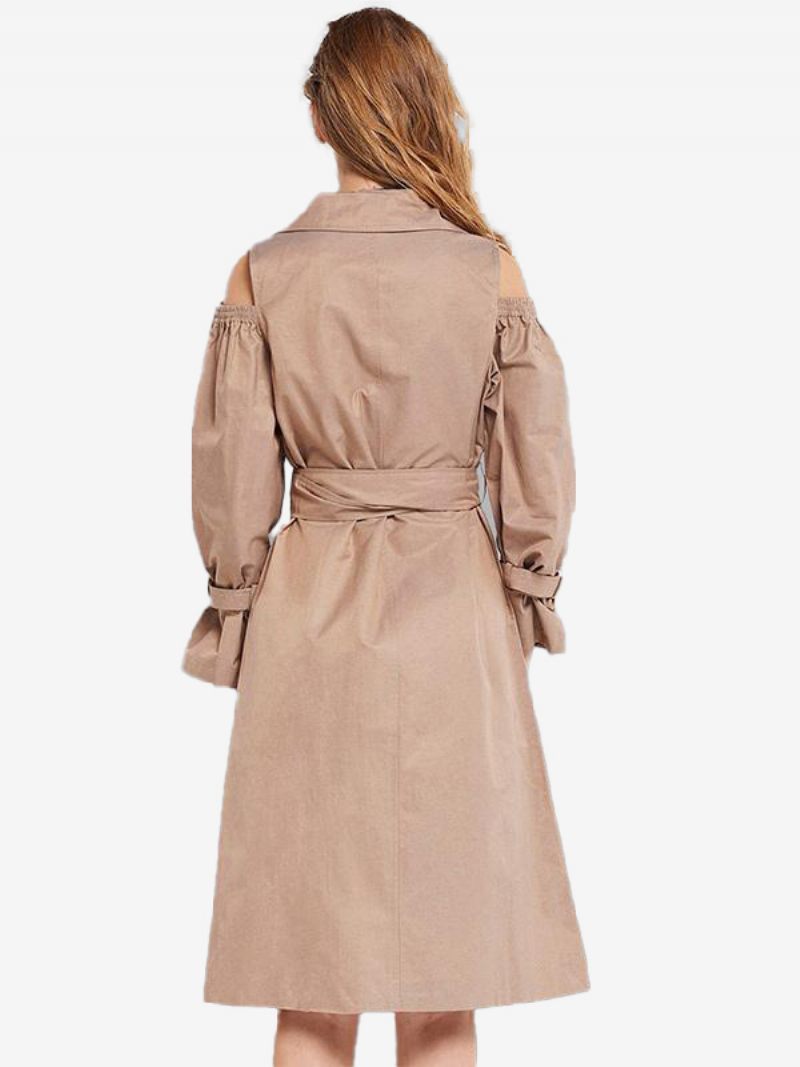 Trench-coat Kaki Pour Femmes Pardessus À Revers Cranté Et Poches Ceinturées - Kaki