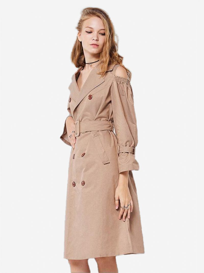 Trench-coat Kaki Pour Femmes Pardessus À Revers Cranté Et Poches Ceinturées - Kaki