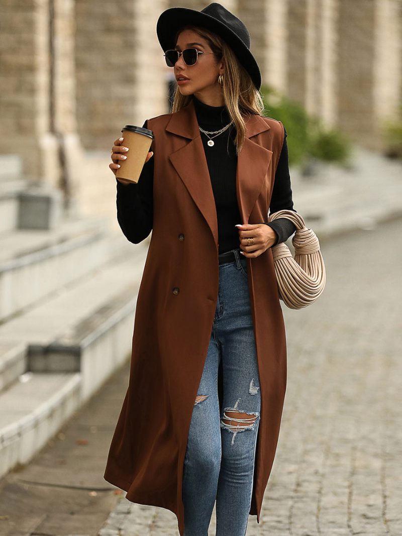 Trench-coat Marron Café Sans Manches Gilet Long Ceinture À Double Boutonnage Coupe Cintrée Décontracté Vêtements D'extérieur Rue Pour Printemps Et Automne