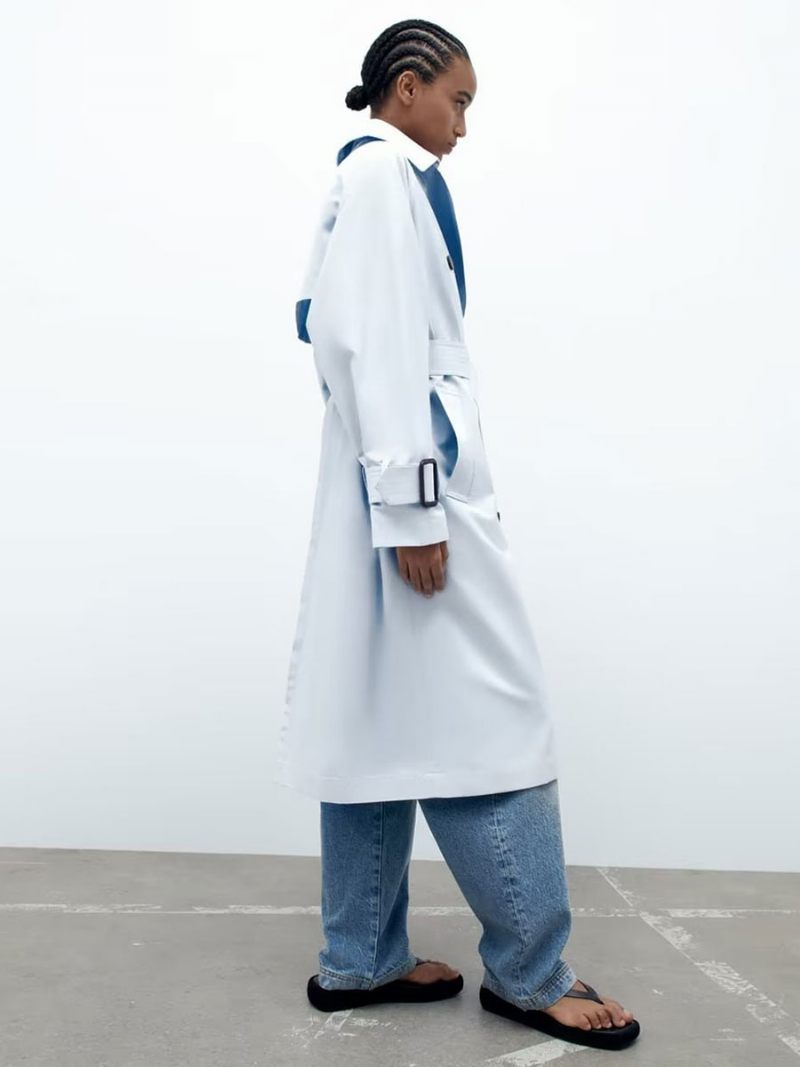 Trench Femme Bleu Bébé Col Rabattu Manches Longues Vêtements D'extérieur - Bleu Bébé