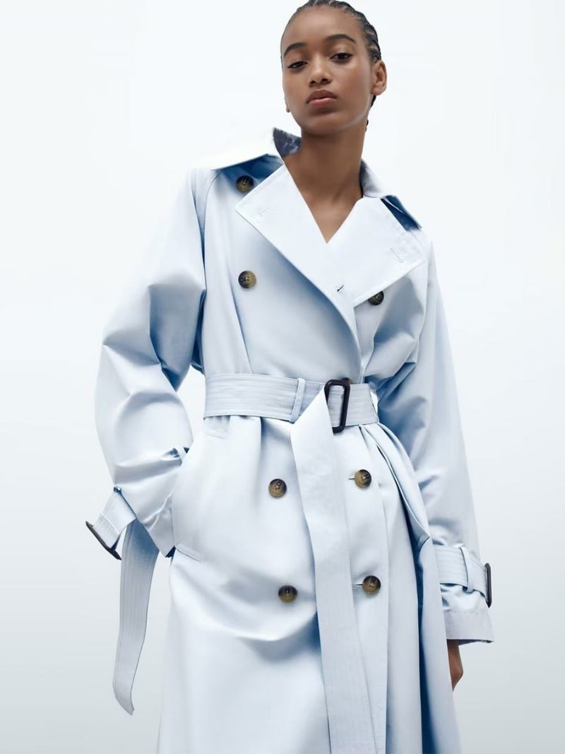 Trench Femme Bleu Bébé Col Rabattu Manches Longues Vêtements D'extérieur - Bleu Bébé