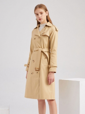 Trench Long Kaki Col Rabattu Manches Longues Revers Classique Double Boutonnage Printemps Automne Vêtements D'extérieur Urbain Pour Les Femmes