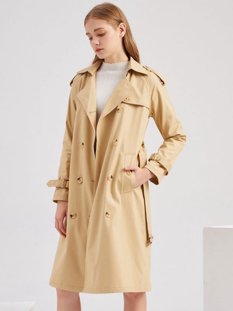 Trench Long Kaki Col Rabattu Manches Longues Revers Classique Double Boutonnage Printemps Automne Vêtements D'extérieur Urbain Pour Les Femmes - Kaki