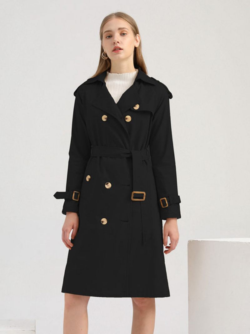 Trench Long Kaki Col Rabattu Manches Longues Revers Classique Double Boutonnage Printemps Automne Vêtements D'extérieur Urbain Pour Les Femmes - Noir