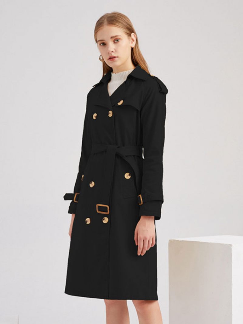 Trench Long Kaki Col Rabattu Manches Longues Revers Classique Double Boutonnage Printemps Automne Vêtements D'extérieur Urbain Pour Les Femmes - Noir