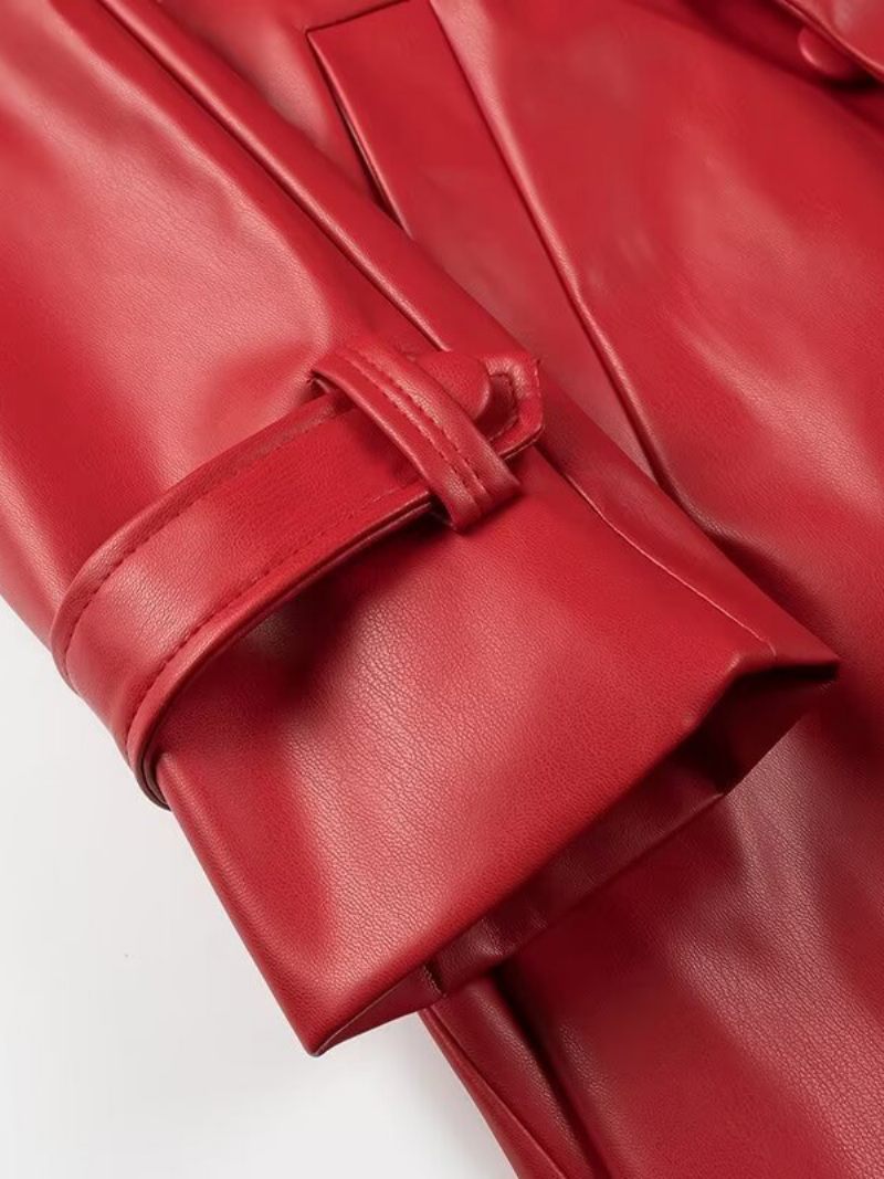 Trenchs Rouges Cuir Pu Ceinture Longue Col Rabattu Manches Longues Vêtements D'extérieur Chics Pour Femmes - Rouge