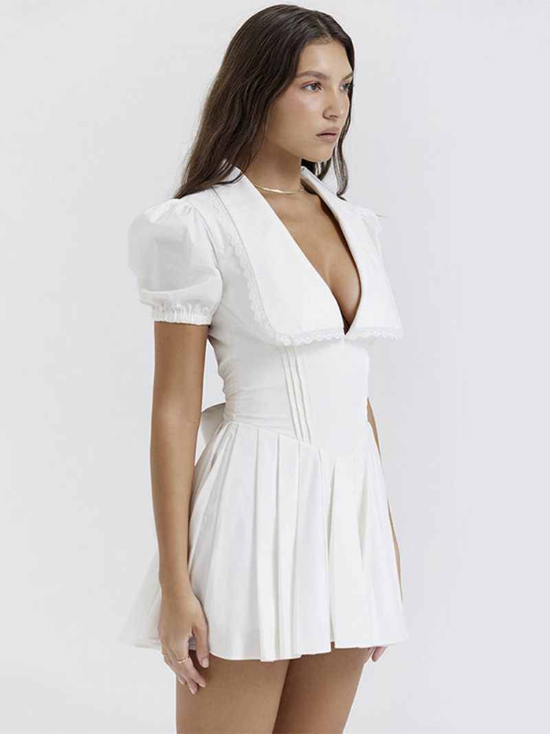 Mini Robes D'été Pour Femmes Robe Plage Blanche À Col V Et Nœuds - Blanc