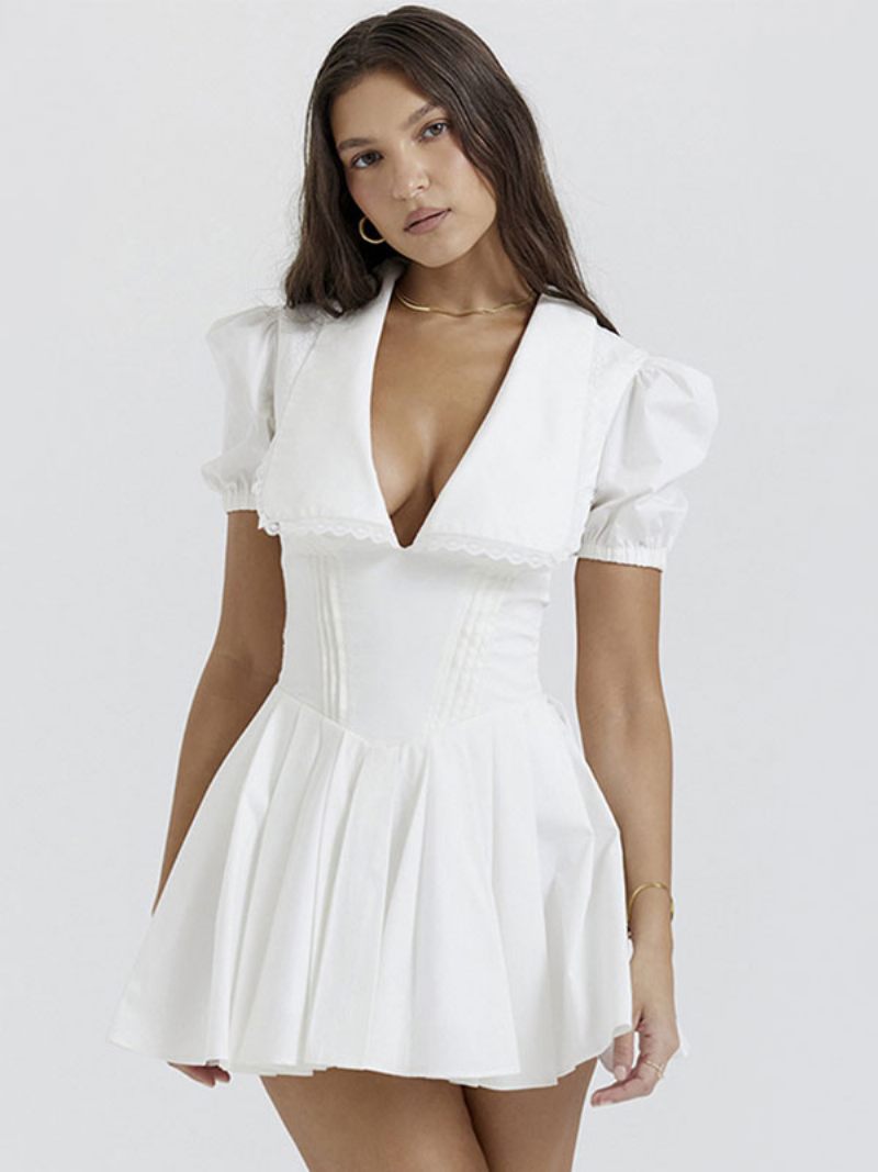 Mini Robes D'été Pour Femmes Robe Plage Blanche À Col V Et Nœuds - Blanc