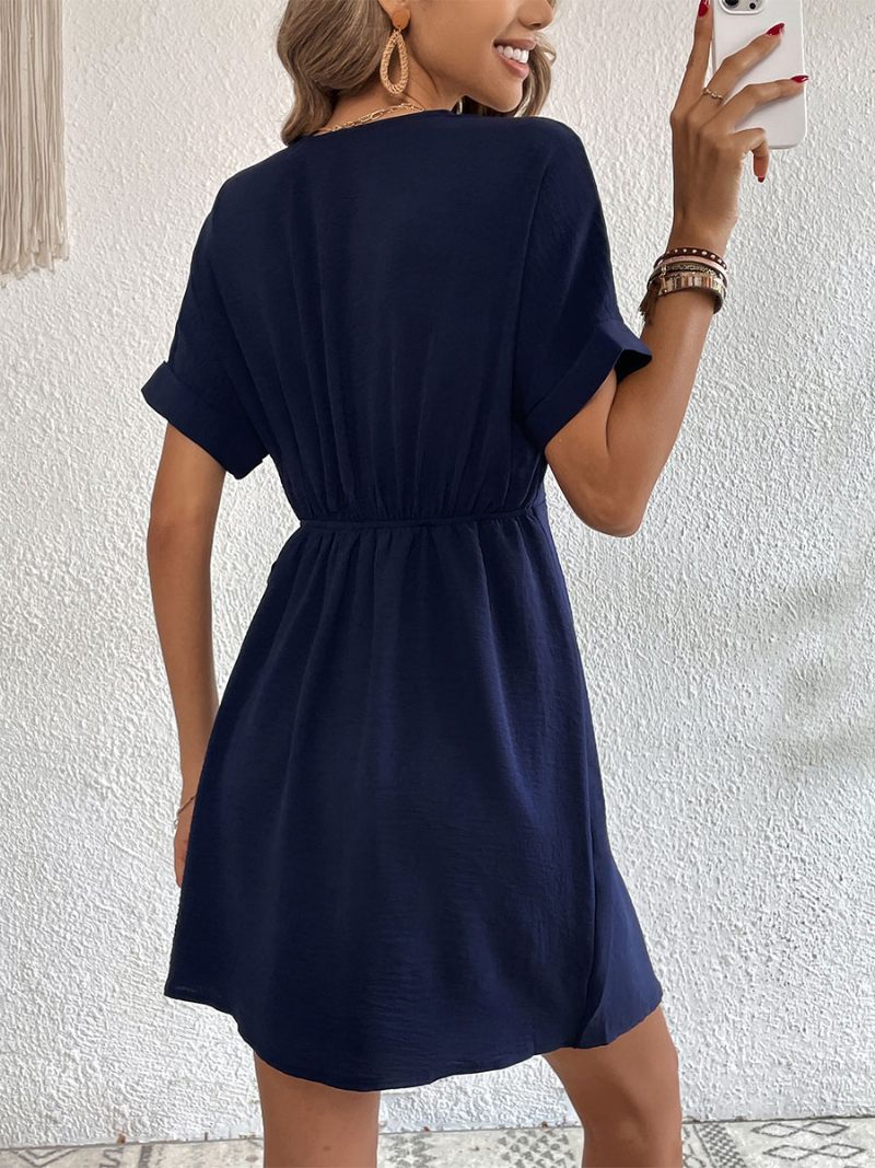 Mini Robes Pour Femmes Bleu Marine Foncé Manches Courtes Robe Courte À Lacets - Marine Foncé