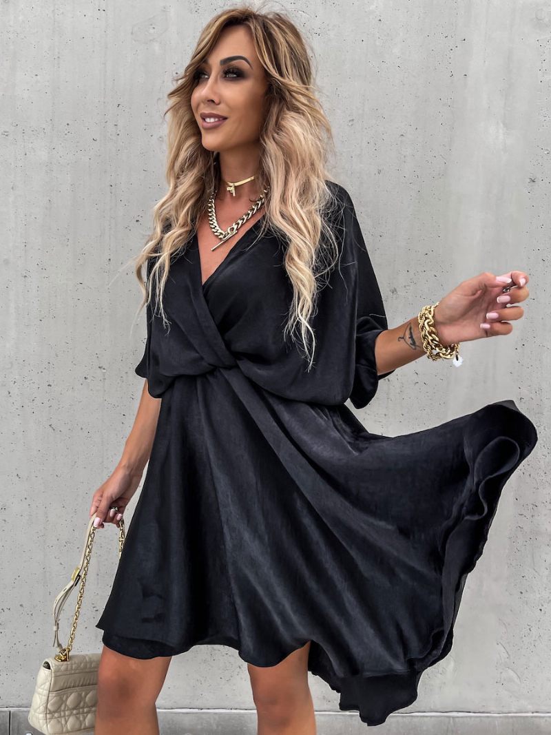 Mini Robes Noires Pour Femmes Robe Courte À Manches Mi-longues - Noir