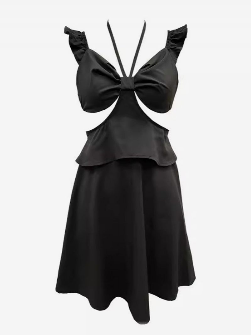 Petite Robe Noire Pour Femmes Col Licou Volants Découpe Dos Nu Mini Soirée Sexy - Noir