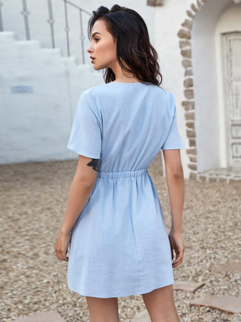 Robe Bleu Bébé Pour Femmes Mini Robes Nouées À Découpes Et Manches Courtes - Bleu Bébé