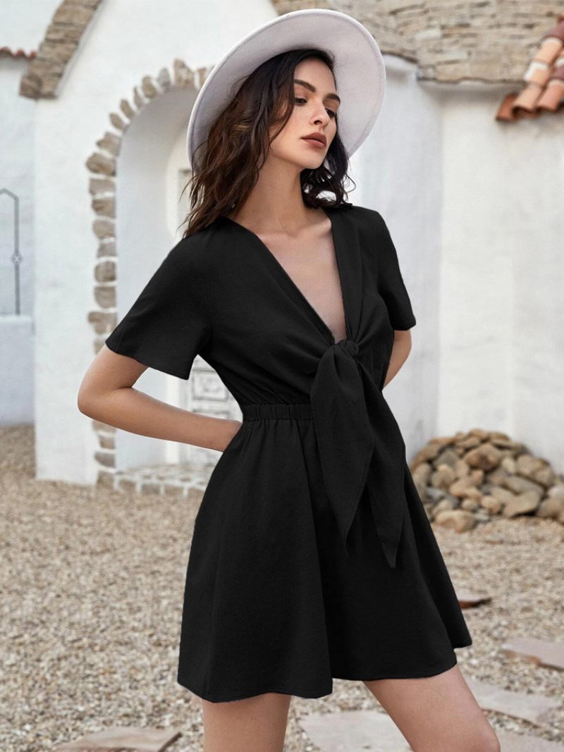 Robe Bleu Bébé Pour Femmes Mini Robes Nouées À Découpes Et Manches Courtes - Noir