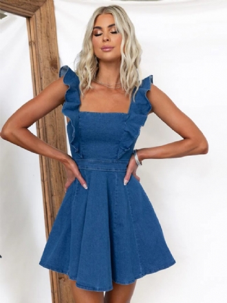 Robe D'été Pour Femmes Bretelles Col Volants Plage Courte Bleue