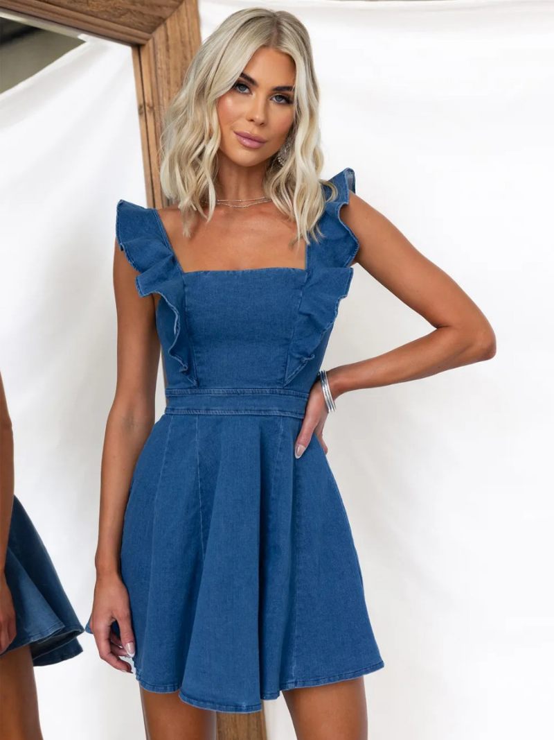 Robe D'été Pour Femmes Bretelles Col Volants Plage Courte Bleue - Bleu