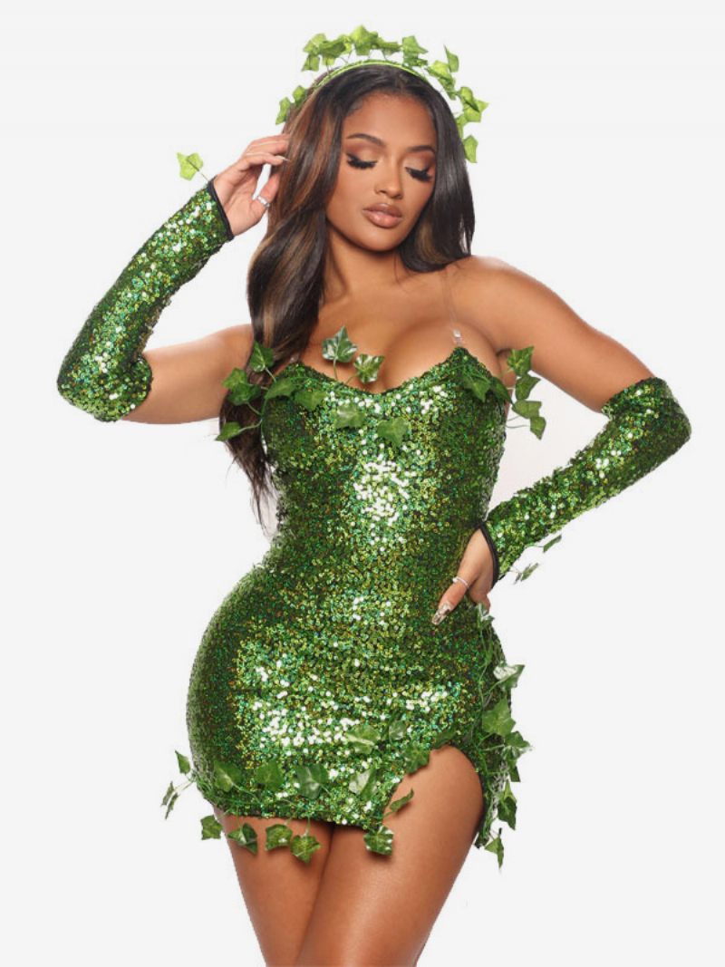 Robe Verte À Paillettes Pour Femmes Garniture Feuilles Dos Nu Robes Fête D'anniversaire