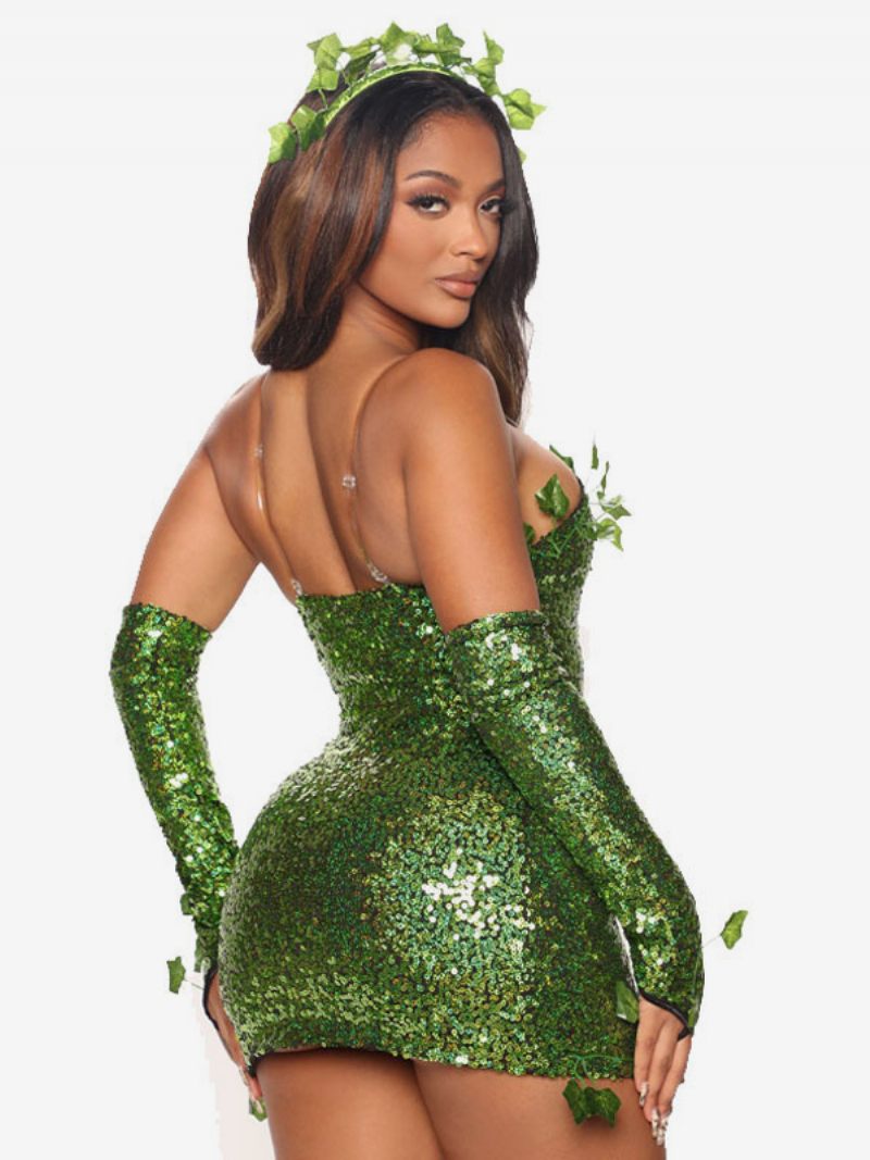 Robe Verte À Paillettes Pour Femmes Garniture Feuilles Dos Nu Robes Fête D'anniversaire - Vert